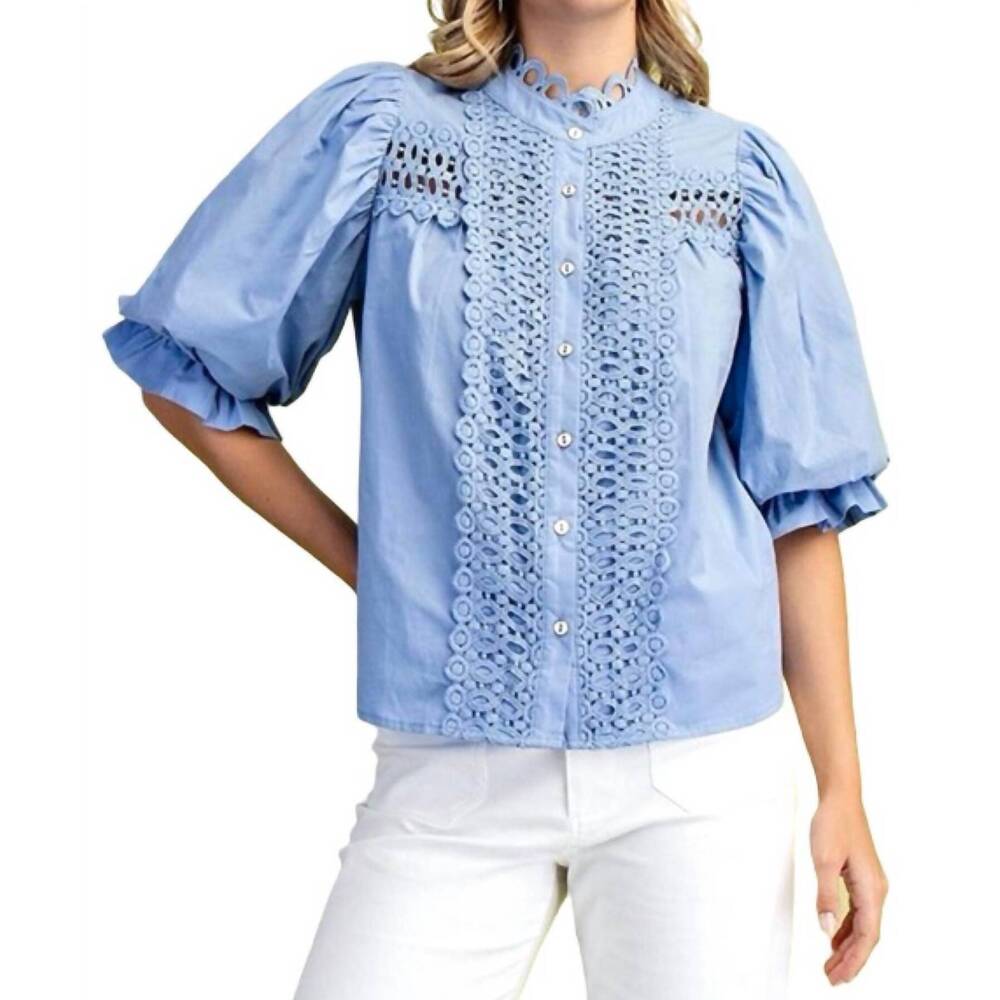 NEW GIGIO women's trim detail button down blouse in blue - Picture 2 of 2